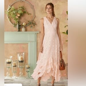 Sundance Blush Pink Midi Lace Ruffle Dress